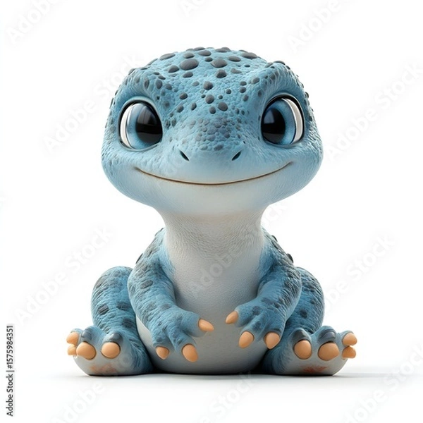 Fototapeta A cheerful, light blue cartoon dinosaur with darker blue spots sits with a friendly smile. Perfect for children's books, educational resources, or playful designs. 