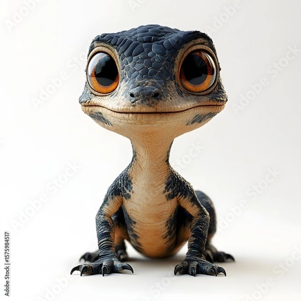 Fototapeta A charming blue-grey lizard with orange eyes smiles against a white backdrop. Detailed textures and a friendly expression make this reptile endearing. Baby dinosaur isolated on a white background.