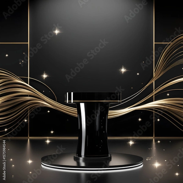 Fototapeta Elegant black (round)  podium background with flowing light golden lines 