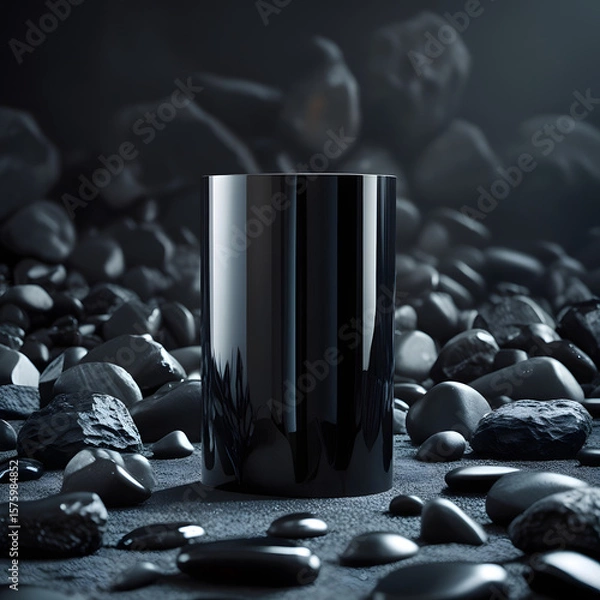 Fototapeta Empty black rock round podium for product presentation