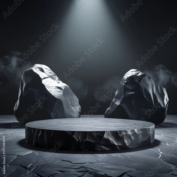 Fototapeta Empty black rock round podium for product presentation