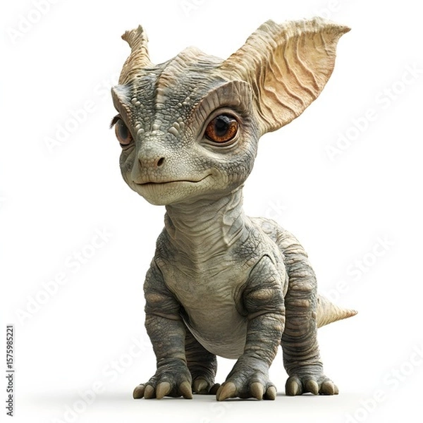 Fototapeta A charming baby dragon, or perhaps a dinosaur hatchling, with big brown eyes and detailed scales, sits curiously. Its fan-like ears perk up, all against a clean, white backdrop. 
