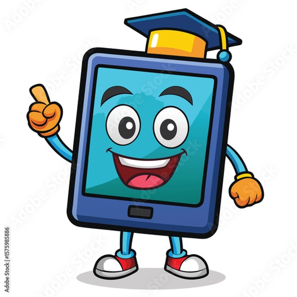 Fototapeta A cartoon smartphone character wearing a graduation cap, pointing, and smiling