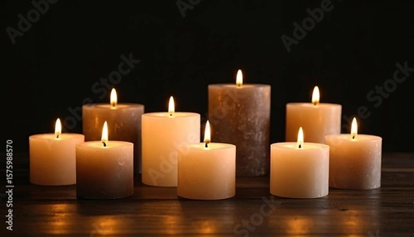 Fototapeta Group of lit candles on wooden surface