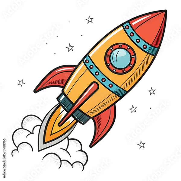 Fototapeta HandDrawn Cartoon Rocket Launching into Space A Vibrant Illustration of Exploration and Adventure isolated on transparent background