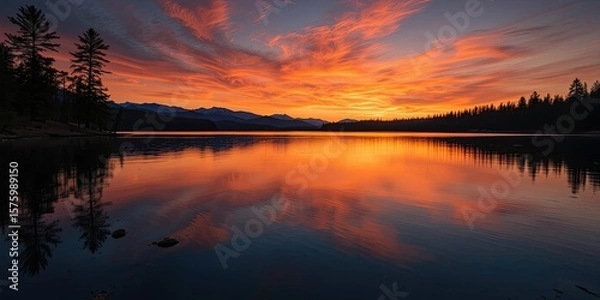 Obraz Sunset Tranquility on Still Water, Dark Pine Trees