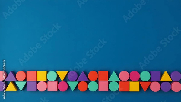 Fototapeta Colorful geometric shapes aligned at bottom on blue minimal background. Copy space