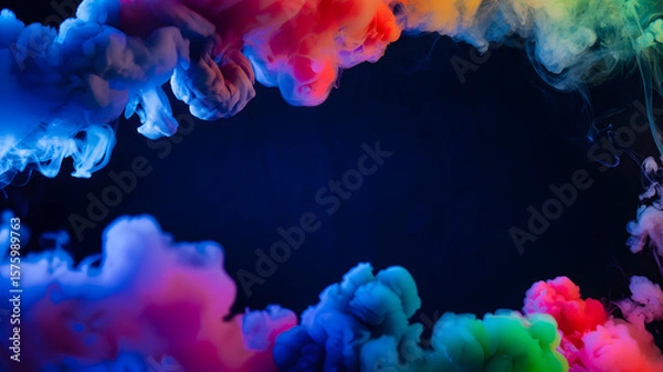 Fototapeta Colorful ink clouds forming abstract frame on dark background