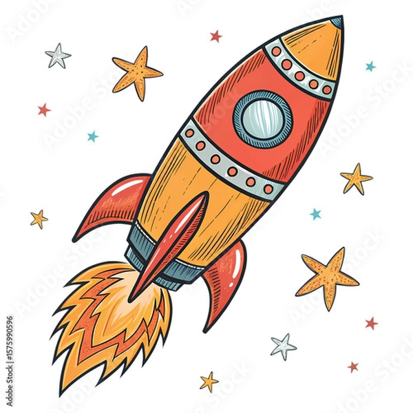 Fototapeta HandDrawn Rocket Ship Illustration Space Exploration and Adventure isolated on transparent background