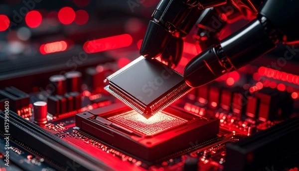 Fototapeta Sleek black robotic hand inserting microchip into socket with red ambient light in dramatic sci-fi scene.