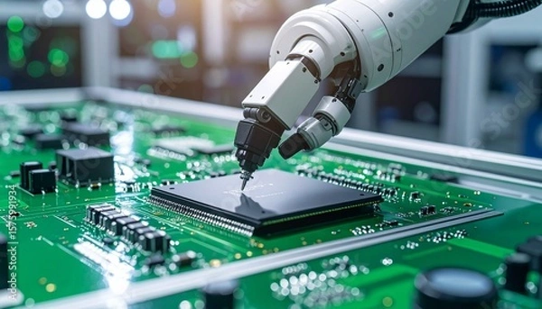 Fototapeta Robotic hand connecting microchip on flexible circuit board in green and gray industrial environment, dynamic tilted composition.