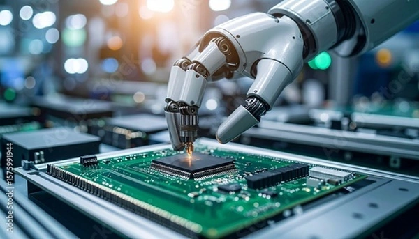 Fototapeta Robotic hand connecting microchip on flexible circuit board in green and gray industrial environment, dynamic tilted composition.