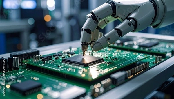 Fototapeta Robotic hand connecting microchip on flexible circuit board in green and gray industrial environment, dynamic tilted composition.