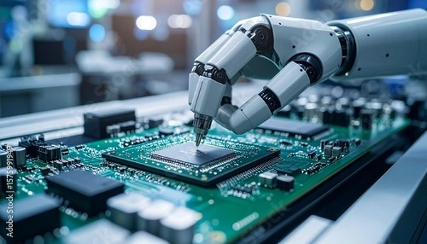 Fototapeta Robotic hand connecting microchip on flexible circuit board in green and gray industrial environment, dynamic tilted composition.