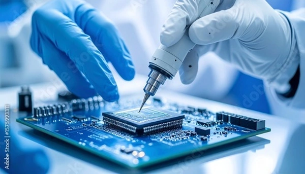 Fototapeta Robotic hand adjusting nano microchip in sterile blue-white lab using microscopic tools, macro view with shallow focus blur.