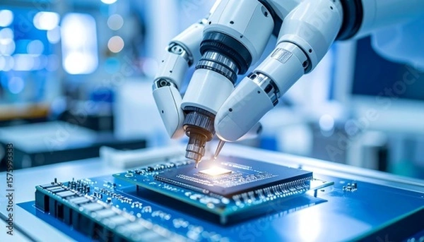 Fototapeta Robotic hand adjusting nano microchip in sterile blue-white lab using microscopic tools, macro view with shallow focus blur.