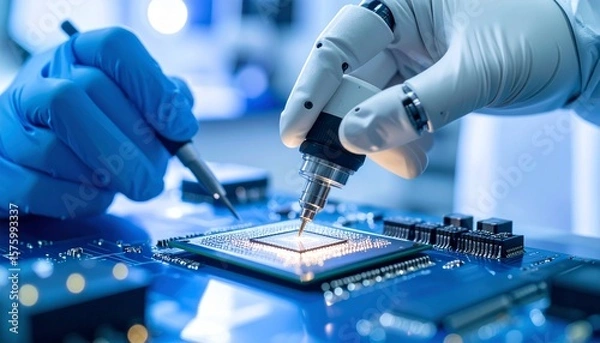 Fototapeta Robotic hand adjusting nano microchip in sterile blue-white lab using microscopic tools, macro view with shallow focus blur.