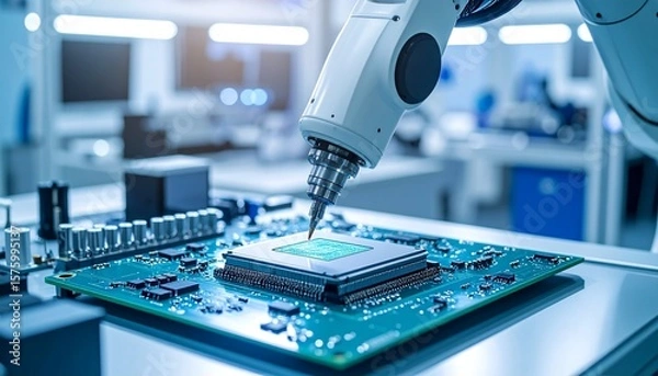 Fototapeta Robotic arm applying thermal paste to CPU in clean workstation before microchip placement, soft teal and white lighting, right-side copy space.