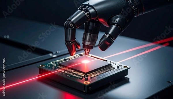 Fototapeta Black robotic hand scanning microchip with red laser line, dark background and center-focused layout, ideal for sci-fi or tech hero image.