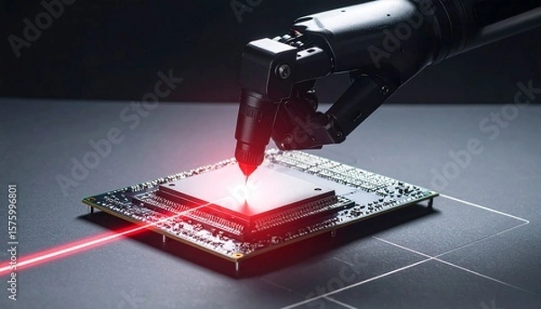 Fototapeta Black robotic hand scanning microchip with red laser line, dark background and center-focused layout, ideal for sci-fi or tech hero image.