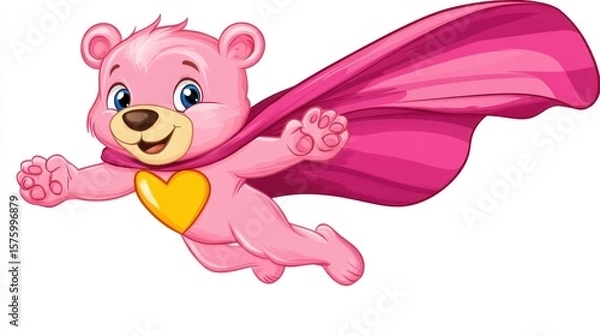 Obraz A pink bear cub, wearing a pink cape and a gold heart emblem, joyfully soars through the air