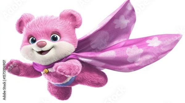 Obraz A pink, fluffy bear wearing a cape, mid-flight, with a cheerful expression