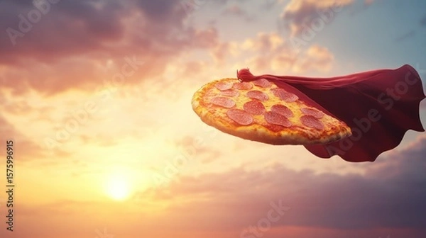 Obraz Pizza slice with red cape flies through sunset sky
