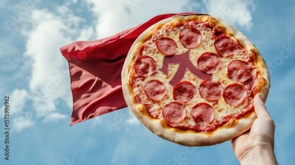 Obraz Pizza aloft, red cloth billows, against a partly cloudy sky