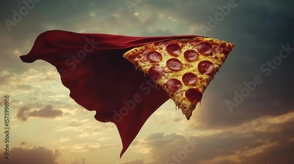 Obraz Pizza slice with cape flies through sky