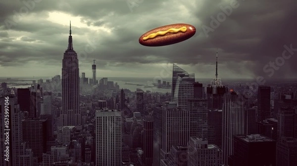 Obraz Hot dog UFO over NYC skyline