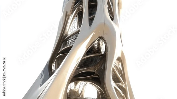 Obraz Abstract, biomorphic tower design; organic, metallic, sculptural form with intricate, interwoven details; light reflects on smooth, curving surfaces