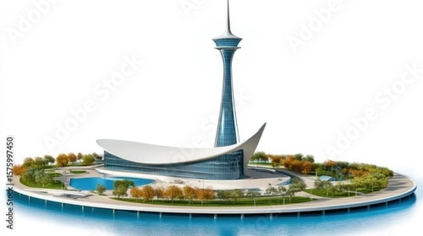 Obraz Futuristic island complex with a tall, slender tower and a curved, modern building, surrounded by water and autumnal landscaping