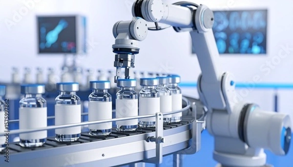 Fototapeta Robotic arm filling glass vaccine vials on sterile conveyor in a cleanroom, soft lighting with blue and white tones, close-up with copy space.