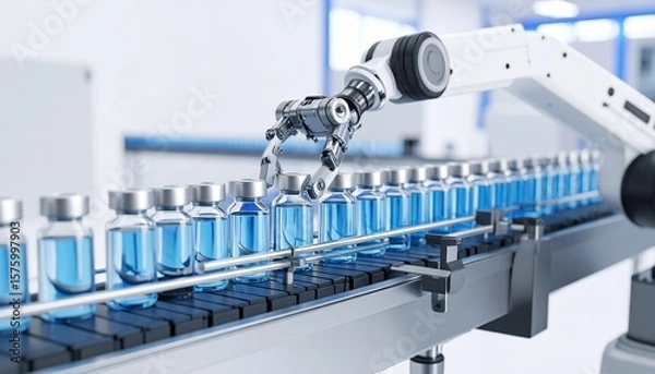 Fototapeta Robotic arm filling glass vaccine vials on sterile conveyor in a cleanroom, soft lighting with blue and white tones, close-up with copy space.
