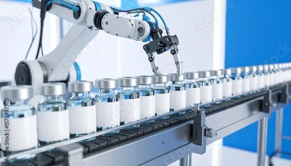 Fototapeta Robotic arm filling glass vaccine vials on sterile conveyor in a cleanroom, soft lighting with blue and white tones, close-up with copy space.
