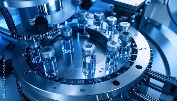 Fototapeta Futuristic robotic machine sealing vaccine vials in sterile lab with cold blue tones, top-down cinematic 3D render view.