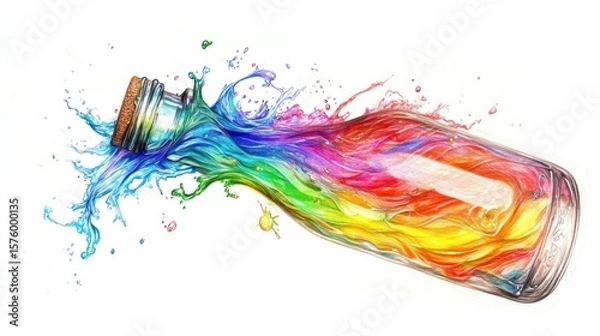 Obraz A glass bottle with a cork stopper expels a vibrant, rainbow-colored liquid in a dynamic splash