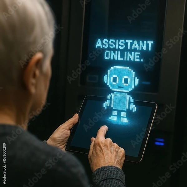 Fototapeta An elderly individual interacts with a digital assistant, highlighting technological advancement and the role of AI. It depicts modern digital communication. customer service