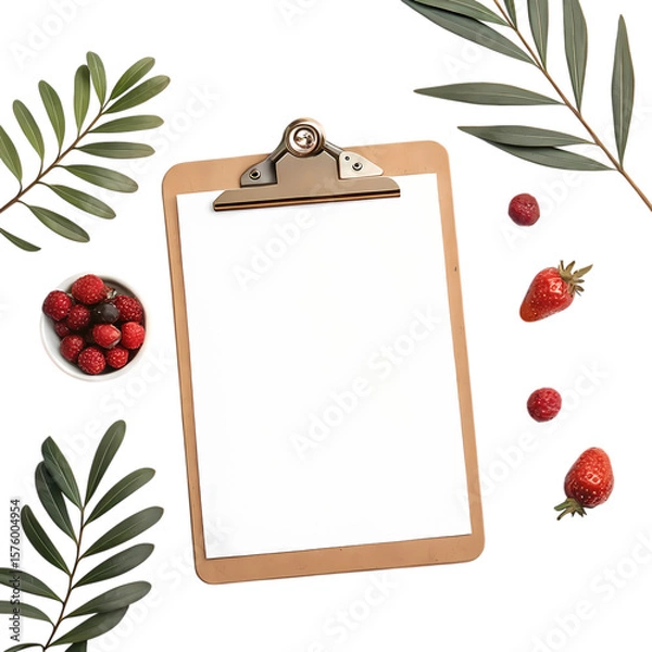 Fototapeta Blank Recipe Clipboard with Berries and Greenery isolated on transparent background