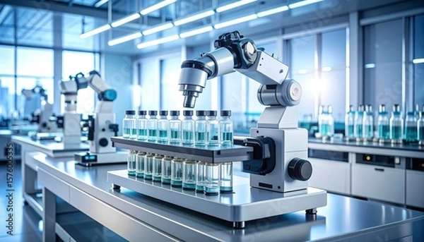 Fototapeta Automated robotic system checking vaccine vial quality under microscope in clean lab with warm white and teal lighting.