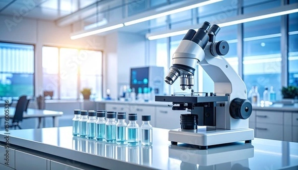 Fototapeta Automated robotic system checking vaccine vial quality under microscope in clean lab with warm white and teal lighting.