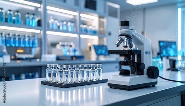 Fototapeta Automated robotic system checking vaccine vial quality under microscope in clean lab with warm white and teal lighting.