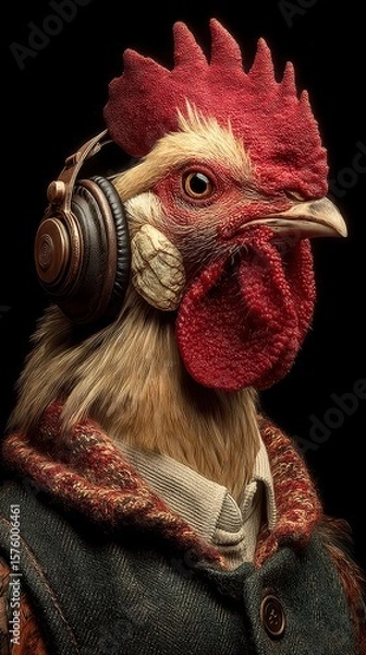 Fototapeta Unique urban chicken dressed in a stylish outfit wearing headphones and enjoying music in a studio environment