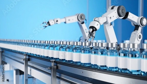 Fototapeta Multiple robotic arms sorting vaccine vials by batch code in blue industrial space, wide panoramic view with left-side copy space.