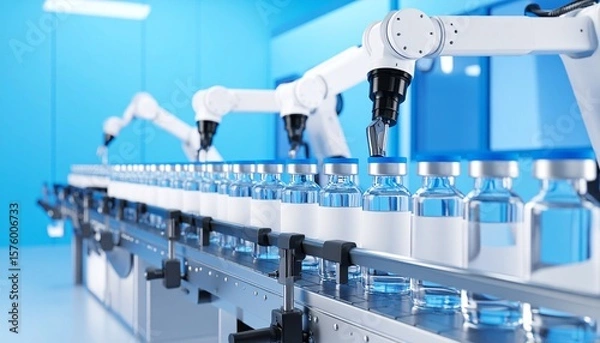 Fototapeta Multiple robotic arms sorting vaccine vials by batch code in blue industrial space, wide panoramic view with left-side copy space.