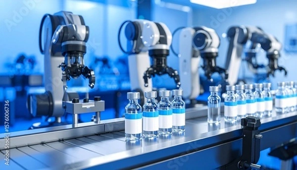 Fototapeta Multiple robotic arms sorting vaccine vials by batch code in blue industrial space, wide panoramic view with left-side copy space.