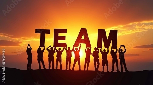 Fototapeta Teamwork concept: People connect with each other and hold letters to compose the team word at sunset. 3d Illustrations
