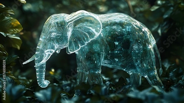 Fototapeta Transparent elephant in a lush jungle environment.
