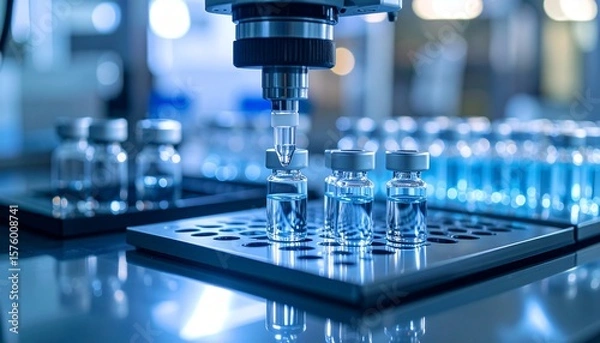 Fototapeta Robotic pipette extracting vaccine liquid into tray, cool sterile lab scene with reflections and soft blur, macro 3D render.