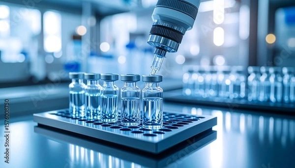 Fototapeta Robotic pipette extracting vaccine liquid into tray, cool sterile lab scene with reflections and soft blur, macro 3D render.
